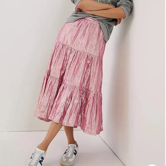 Anthropologie Maeve Alicia Crinkled Metallic Maxi Skirt - Size 8 - Picture 1 of 7
